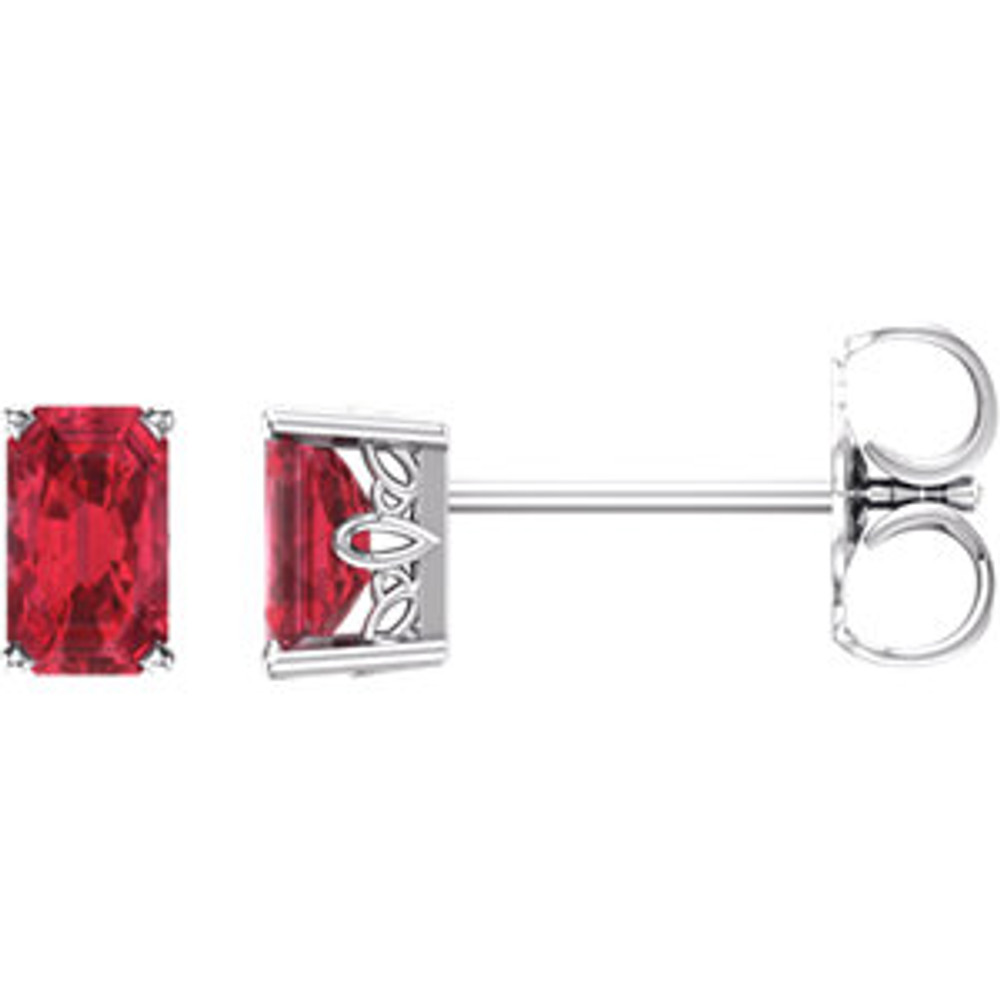 Fiery and romantic! This simple stud design features a 5 x 3mm faceted Lab-Grown Ruby cradled in a 4-prong basket of 14k white gold finished with a tension back post. Total carat weight for the pair is 0.60.