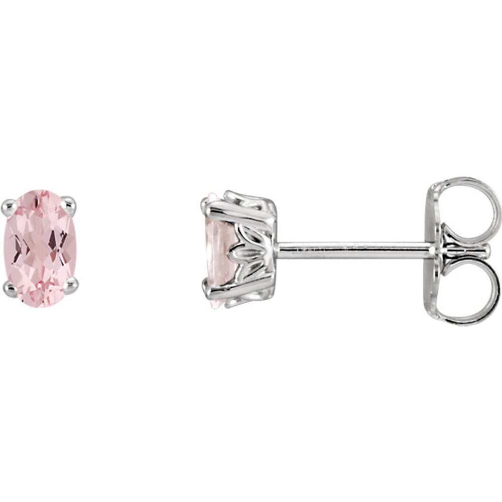 These oval morganite earrings are set in 14K white gold. The posts of these fine jewelry earrings are secured by friction backs. Gently clean by rinsing in warm water and drying with a soft cloth.