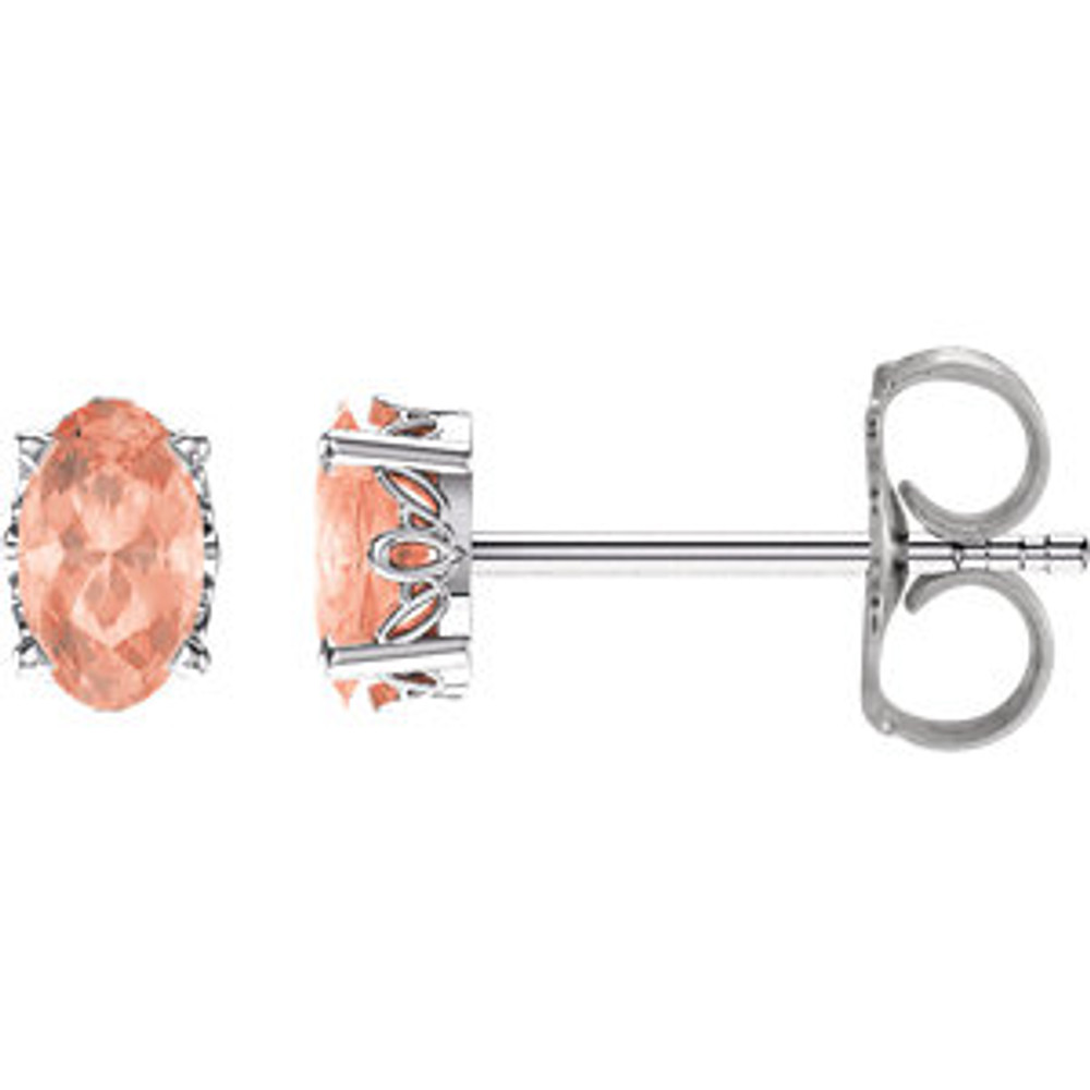 Sweet 14K white gold four-prong settings cradle the sparkling pink morganites featured in this pair of stud earrings. Each 6.0 x 4.0mm oval gemstone is faceted so light can beautifully illuminate.