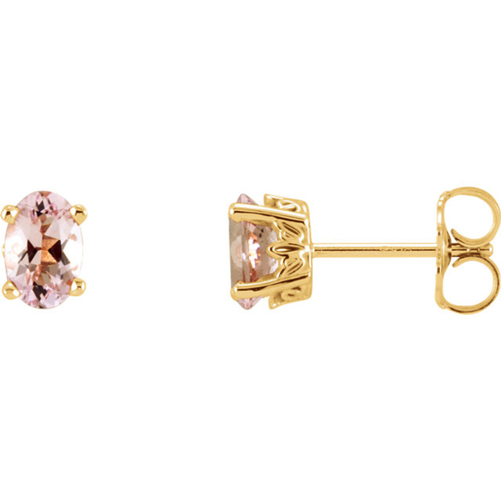 Sweet 14K yellow gold four-prong settings cradle the sparkling pink morganites featured in this pair of stud earrings. Each 6.0 x 4.0mm oval gemstone is faceted so light can beautifully illuminate.