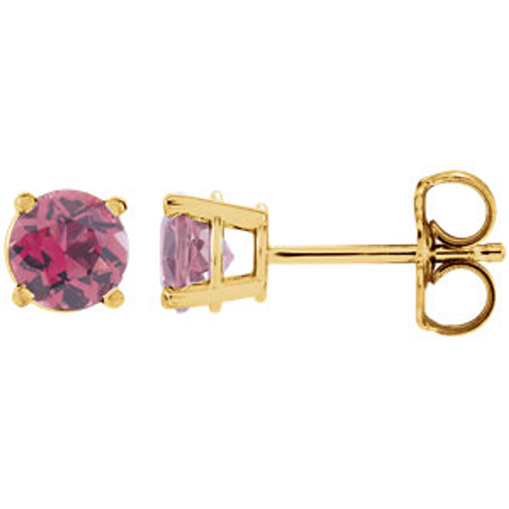 These round genuine pink tourmaline earrings are set in 14K yellow gold. The posts of these fine jewelry earrings are secured by friction backs. Gently clean by rinsing in warm water and drying with a soft cloth.