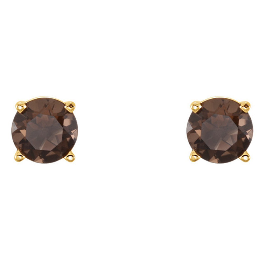These round genuine smoky quartz earrings are set in 14K yellow gold. The posts of these fine jewelry earrings are secured by friction backs. Gently clean by rinsing in warm water and drying with a soft cloth.