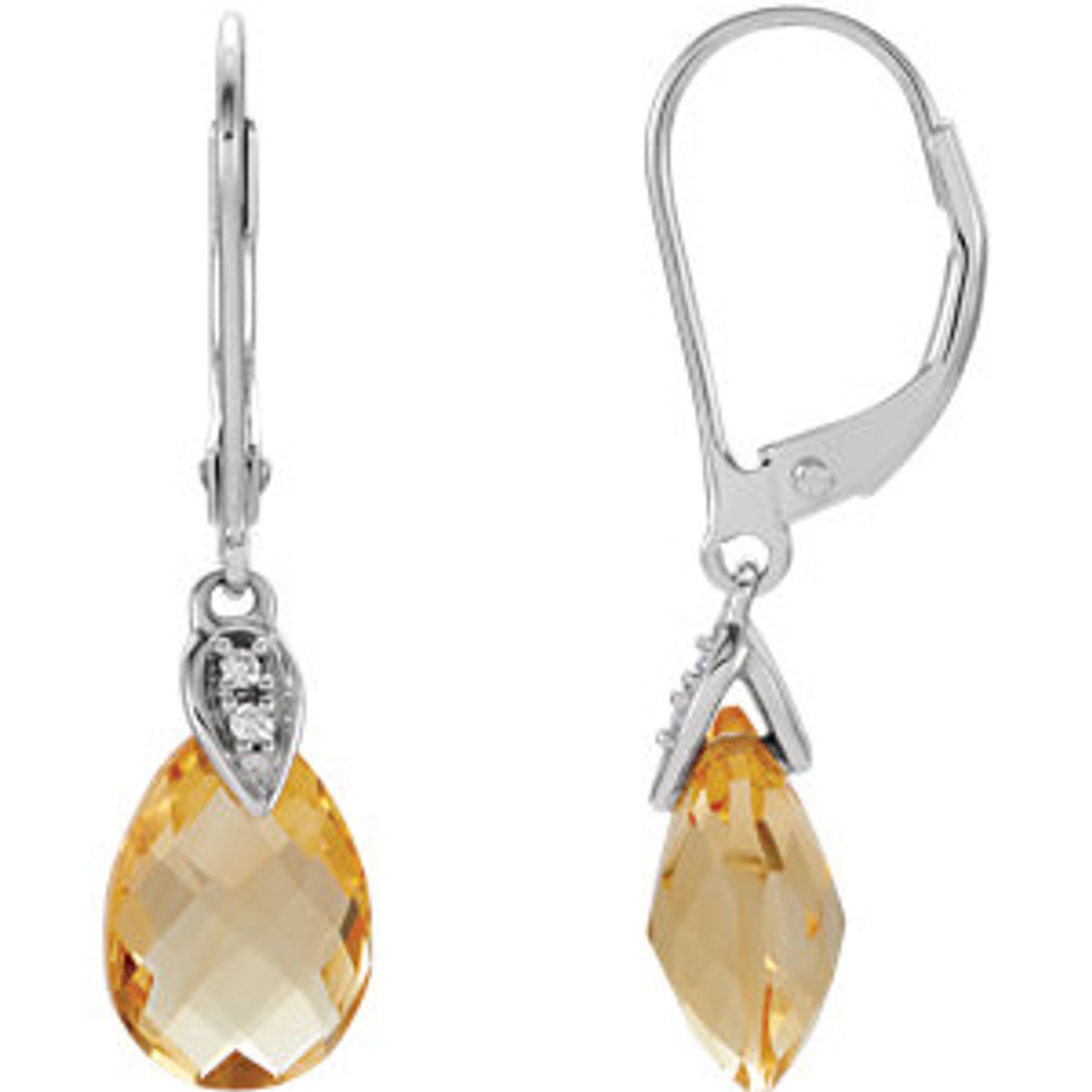 These sterling silver drop earrings each feature a 10x7mm pear cut citrine gemstone adorned by round diamonds. Diamonds are .025ctw, I or better in color, and I2 or better in clarity. Earrings are 25mm in length and has a bright polish to shine.