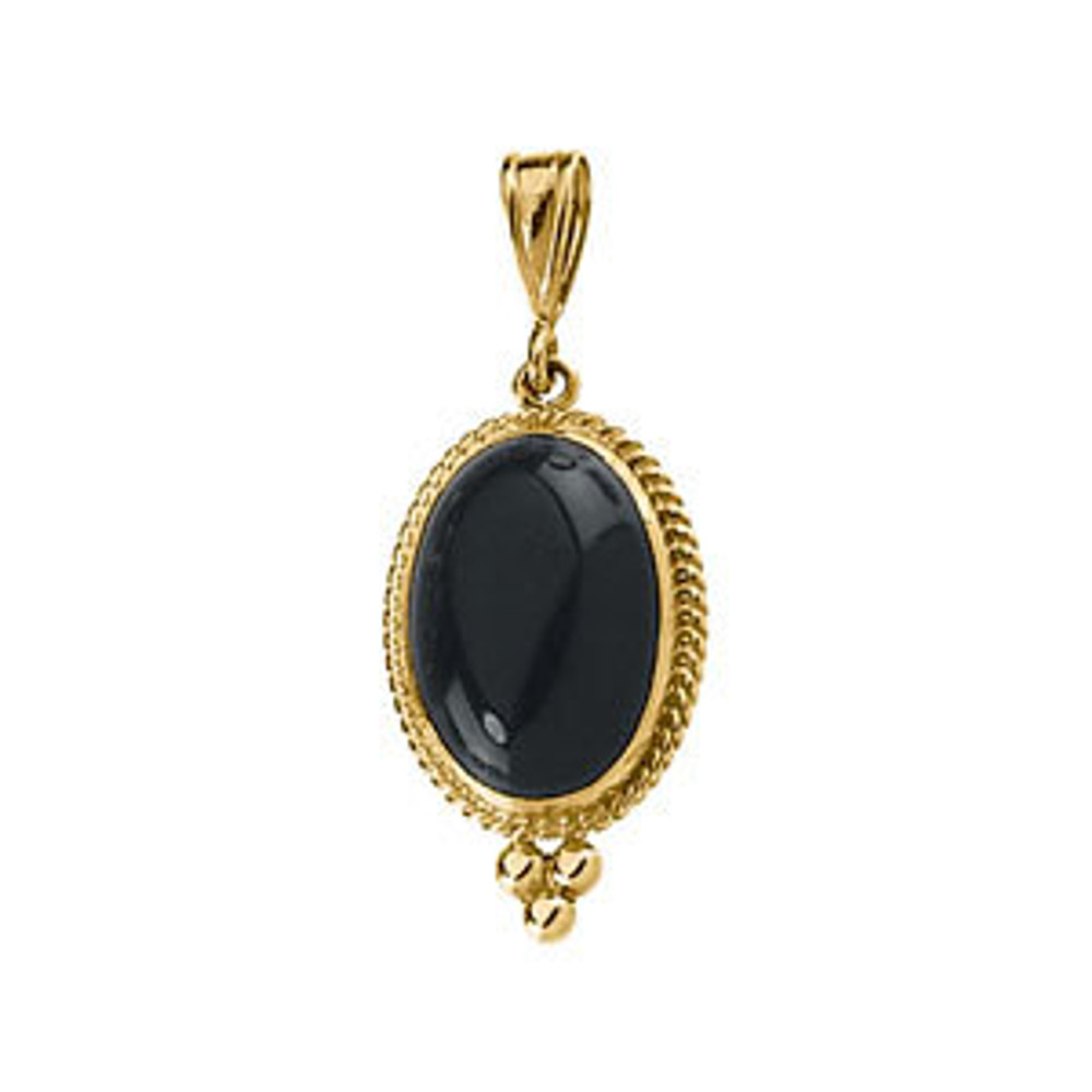 14k yellow gold pendant features a 14x10mm oval genuine onyx set in the center and has a bright polish to shine. Pendant only.