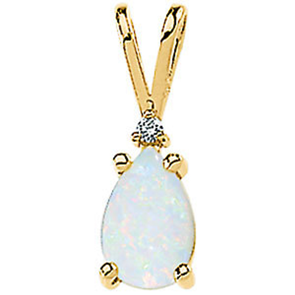 This 14k yellow gold pendant features an 09.00x06.00mm pear shaped genuine opal gemstone and is polished to a brilliant shine. Pendant only.