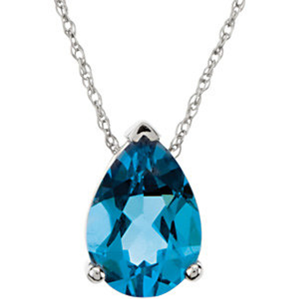 This enchanting 14k white gold pendant features a 10x7mm genuine pear cut aquamarine. Polished to a brilliant shine.