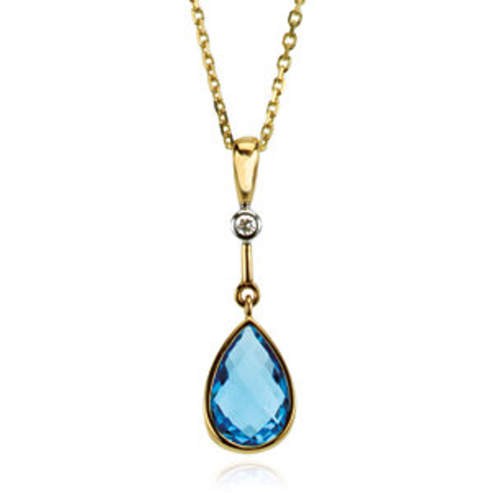 The Caribbean-like color of Swiss blue topaz is the featured centerpiece of this dazzling pendant. The gem is pear shaped with checkerboard faceting, and a single round diamond floats moon-like above the topaz.
