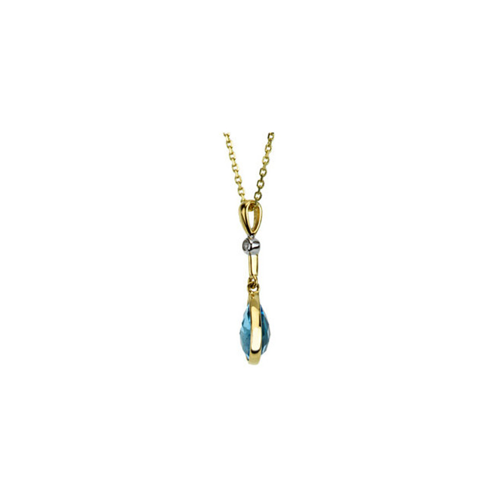 The Caribbean-like color of Swiss blue topaz is the featured centerpiece of this dazzling pendant. The gem is pear shaped with checkerboard faceting, and a single round diamond floats moon-like above the topaz.