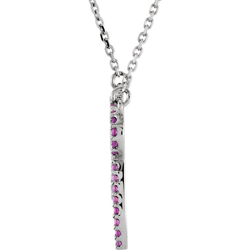 This 14k white gold necklace features 47 round shaped 1.00mm genuine pink sapphire gemstones and has a bright polish to shine. An 16 inch 14k white gold diamond cut cable chain is included.