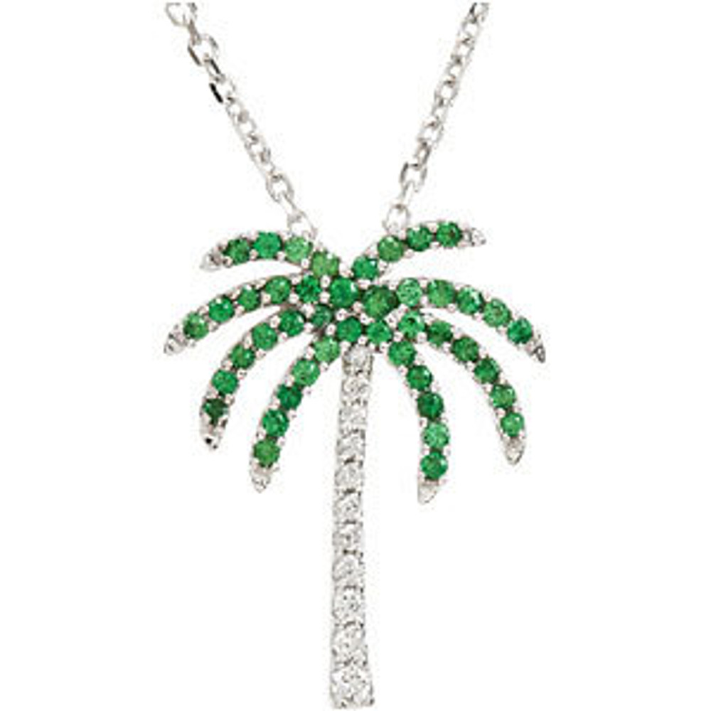 A romantic getaway is captured in this finely designed necklace that features a palm tree artwork. Tsavorite garnets form the green palm fronds with round petite diamonds (.08 carat) comprising the palm trunk. The setting is white gold with a 16-inch necklace.