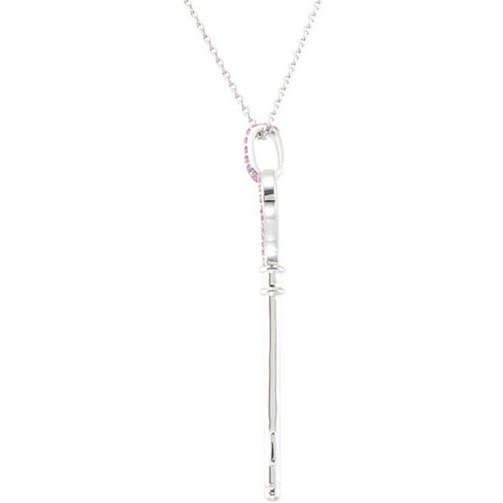 This unique sapphire open heart key pendant is crafted from sterling silver and comes complete with a diamond cut 18" cable chain.

A total of 43 genuine pink sapphires are delicately set into this sterling silver key pendant for a total of approximately 0.30 carats.

Beautiful and romantic, this heart key necklace with sapphires will certainly give you the key to her heart as well.