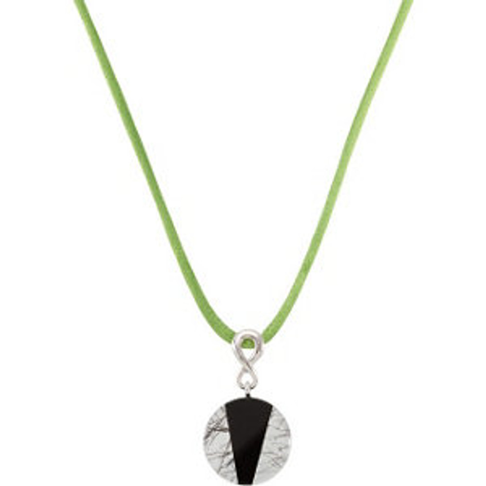 This sterling silver necklace features a 20.00mm Tourmalinated Quartz & Onyx gemstone and has a bright polish to shine. A 16.50 inch sterling silver green silk necklace is included.