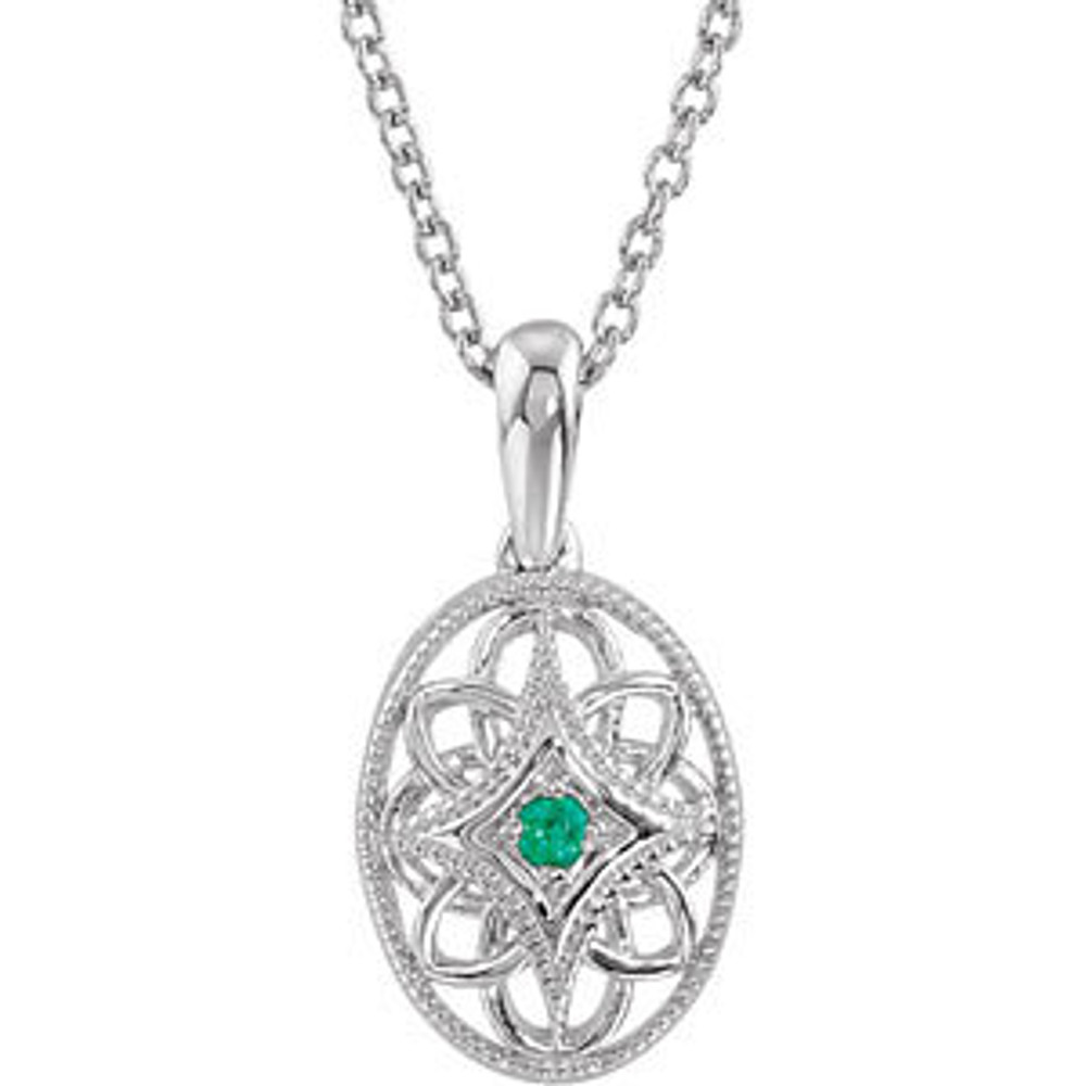 Treat her like a princess with this emerald vintage-style pendant in sterling silver. This one of a kind pendant proudly displays one sparkling emerald gemstone surrounded by round-cut diamonds.
