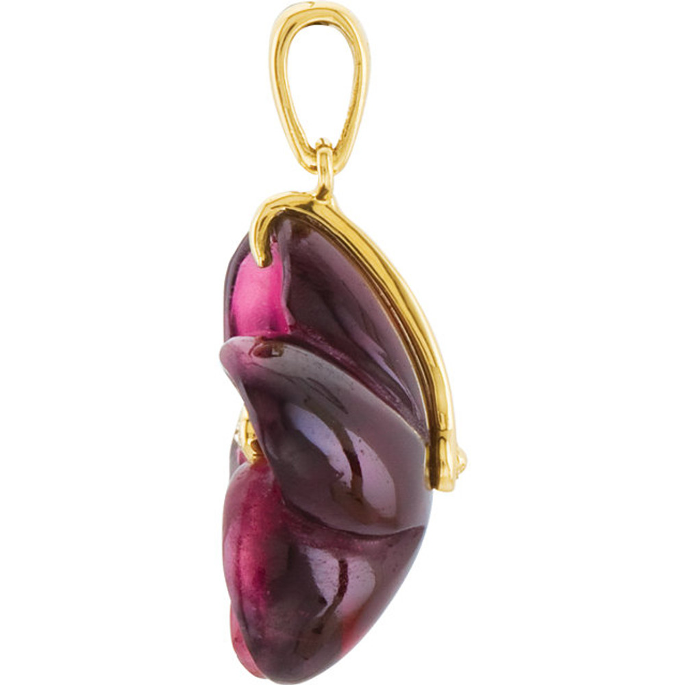 A Stunning Deep Purplish Magenta Brazilian Garnet Gemstone is Expertly Carved into a Beautiful Flower. Diamond Accents Add a Lovely Sparkle. Chain sold separately!
