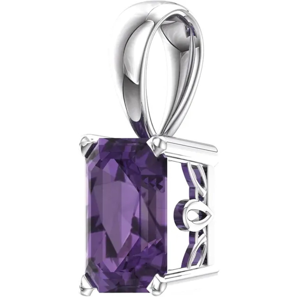 This white gold pendant features an 7x5mm emerald shaped amethyst gemstone