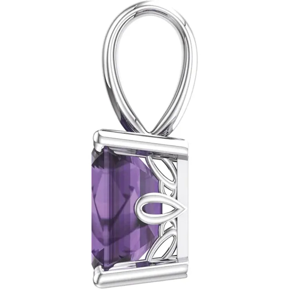 This white gold pendant features an 7x5mm emerald shaped amethyst gemstone