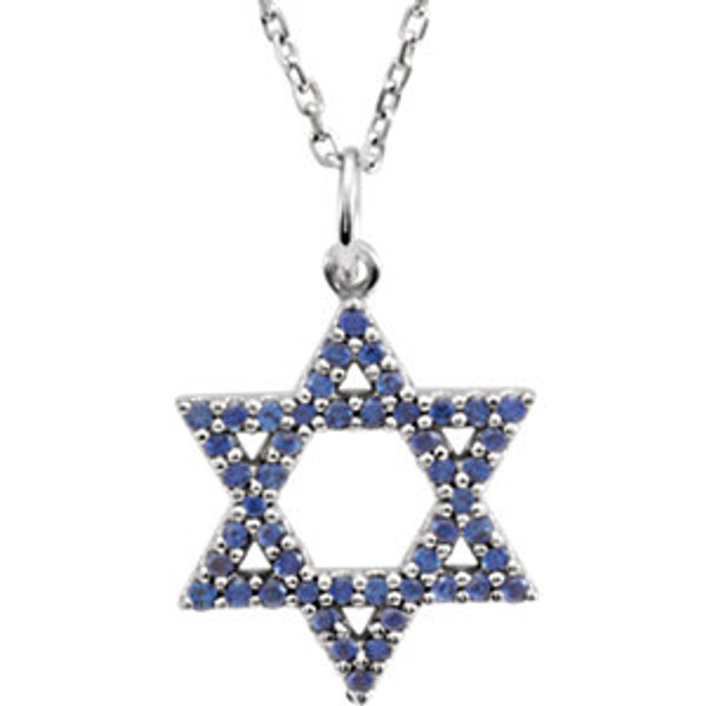 A glistening symbol of faith and heritage, this charming gemstone pendant is also a fashion statement. Fashioned from 14K white gold, this beautiful Star of David pendant is completely lined with alluring genuine blue sapphires. Polished to a brilliant shine, this brilliant star suspends along an 16.0-inch solid diamond cut cable chain and secures with a spring-ring clasp.