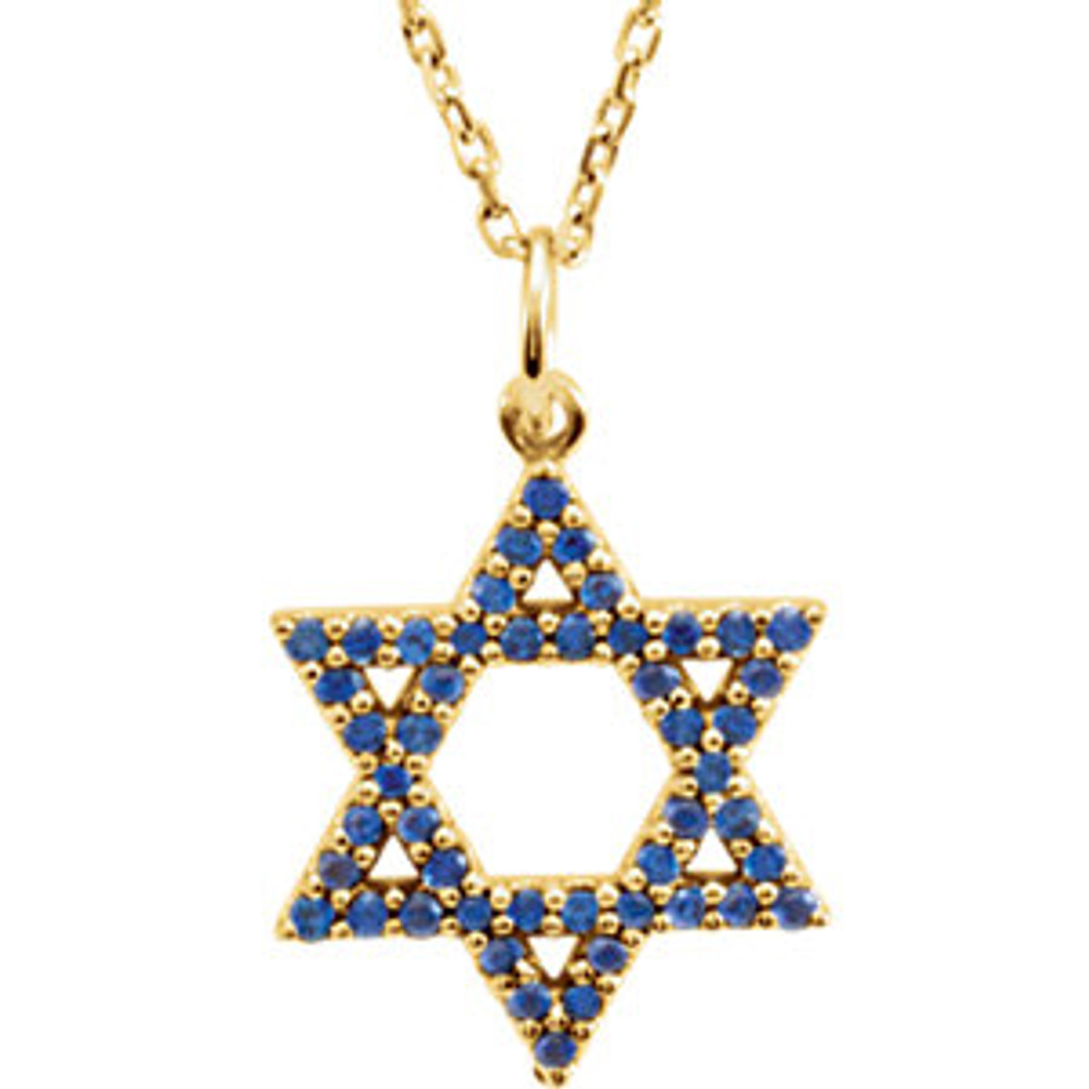 A glistening symbol of faith and heritage, this charming gemstone pendant is also a fashion statement. Fashioned from 14K yellow gold, this beautiful Star of David pendant is completely lined with alluring genuine blue sapphires. Polished to a brilliant shine, this brilliant star suspends along an 16.0-inch solid diamond cut cable chain and secures with a spring-ring clasp.