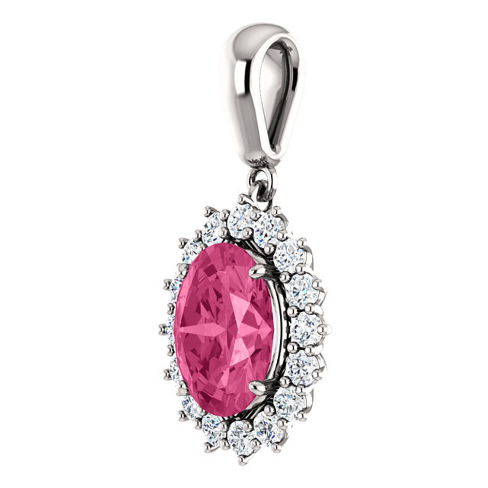 Utterly feminine, this gemstone and diamond pendant features a oval, pink tourmaline and diamond set in 14k white gold with a matching cable chain necklace.