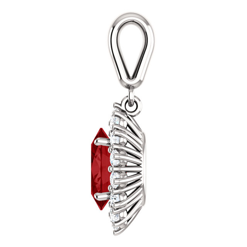 Brilliant in every way, this gemstone and diamond pendant features a vivid ruby surrounded by sparkling diamonds set in 14k white gold.