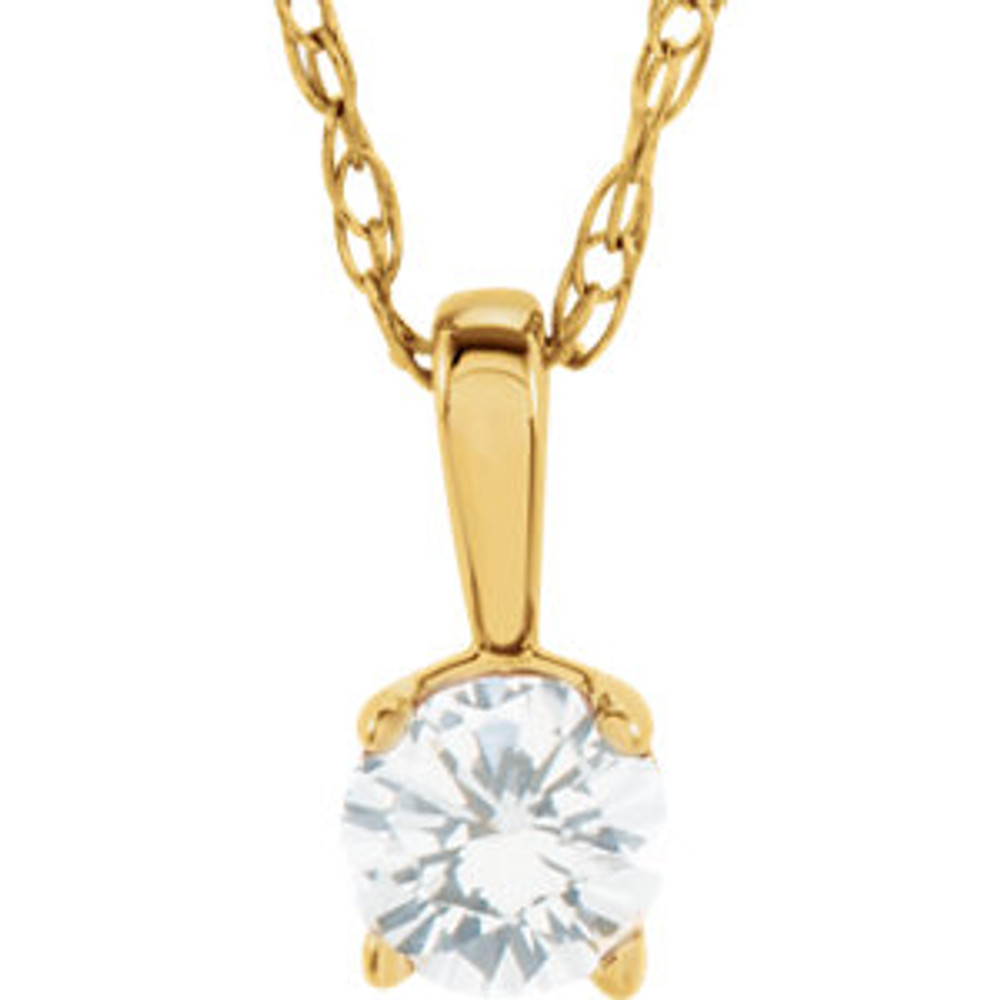 This breathtaking pendant features a 3mm round shaped genuine white sapphire, set in 4 prong 14kt yellow gold. Also available with other gemstones.