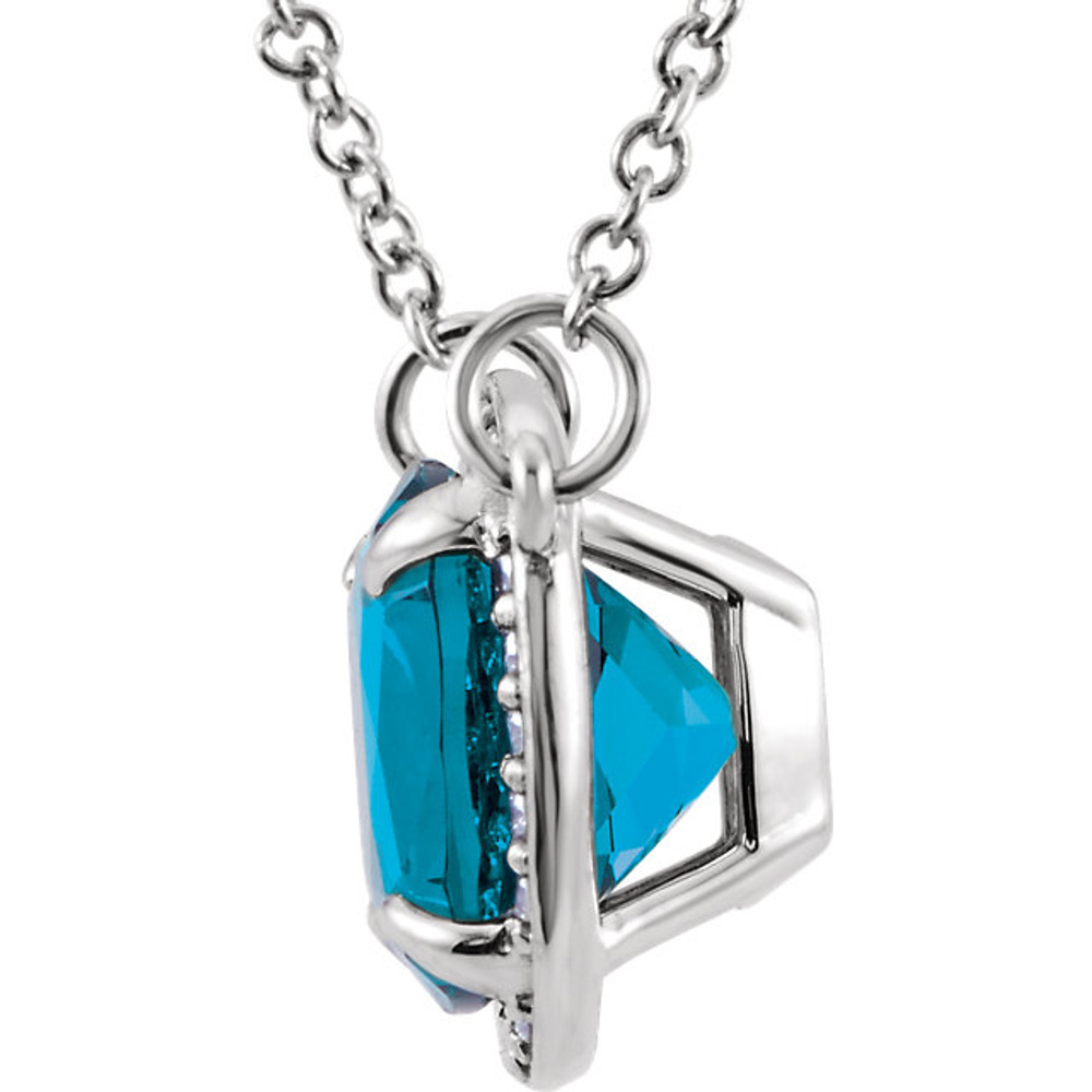 An exquisite gift for the December birthday girl, this topaz pendant is a glamorous look she'll love. Fashioned in warm 14K white gold, this pendant showcases a luminous 8.0mm antique square-cut swiss blue topaz in a stylish scalloped frame adorned with shimmering diamond accents. Polished to a bright shine, this exceptional style suspends from an 16.0-inch solid cable chain and secures with a spring-ring clasp.