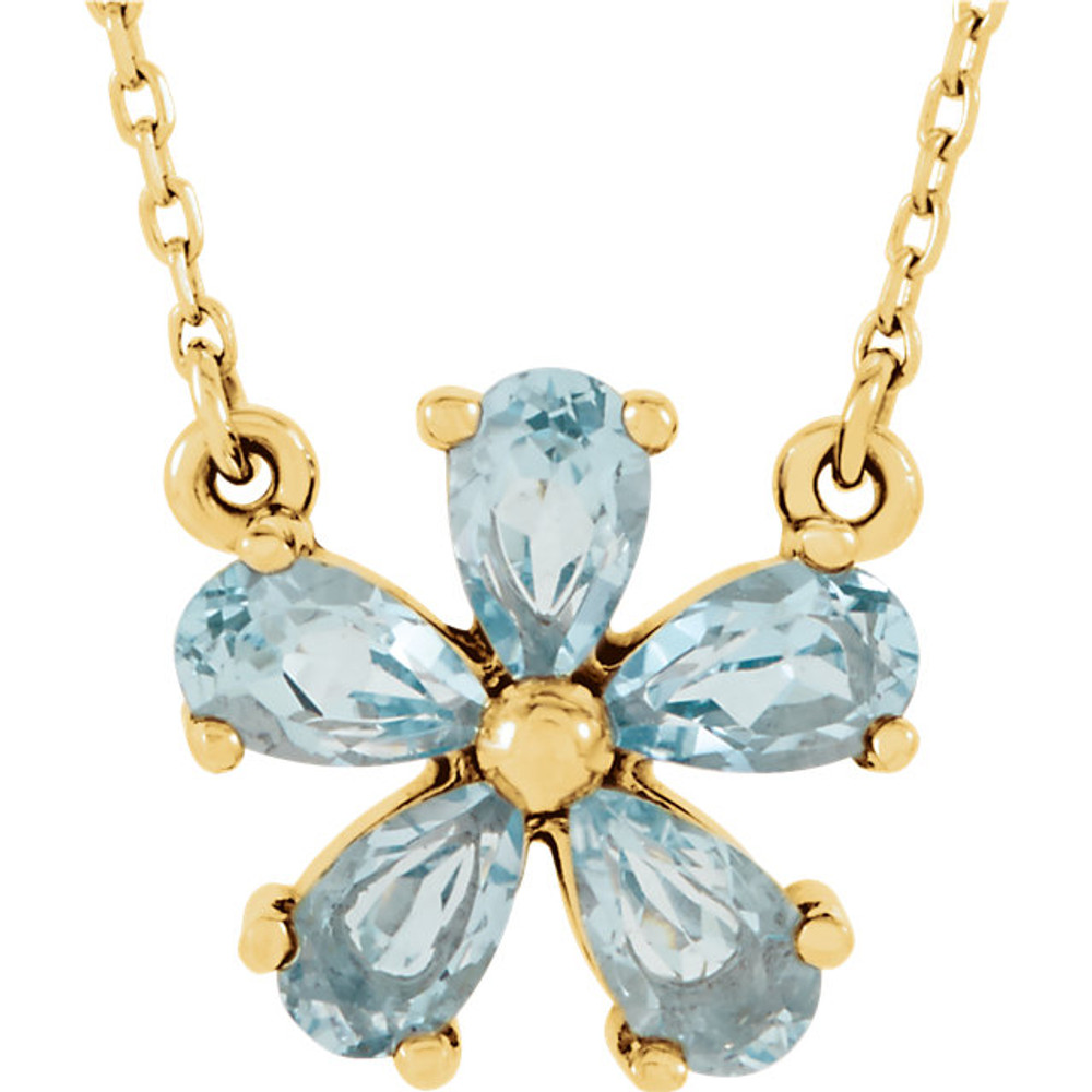 This 14k yellow gold necklace features an 05.00x03.00mm pear shaped genuine sky blue topaz gemstone and has a bright polish to shine. An 16 inch 14k yellow gold diamond cut cable chain is included.