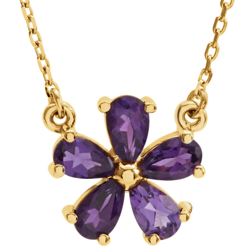 This 14k yellow gold necklace features an 05.00x03.00mm pear shaped genuine amethyst gemstone and has a bright polish to shine. An 16 inch 14k yellow gold diamond cut cable chain is included.