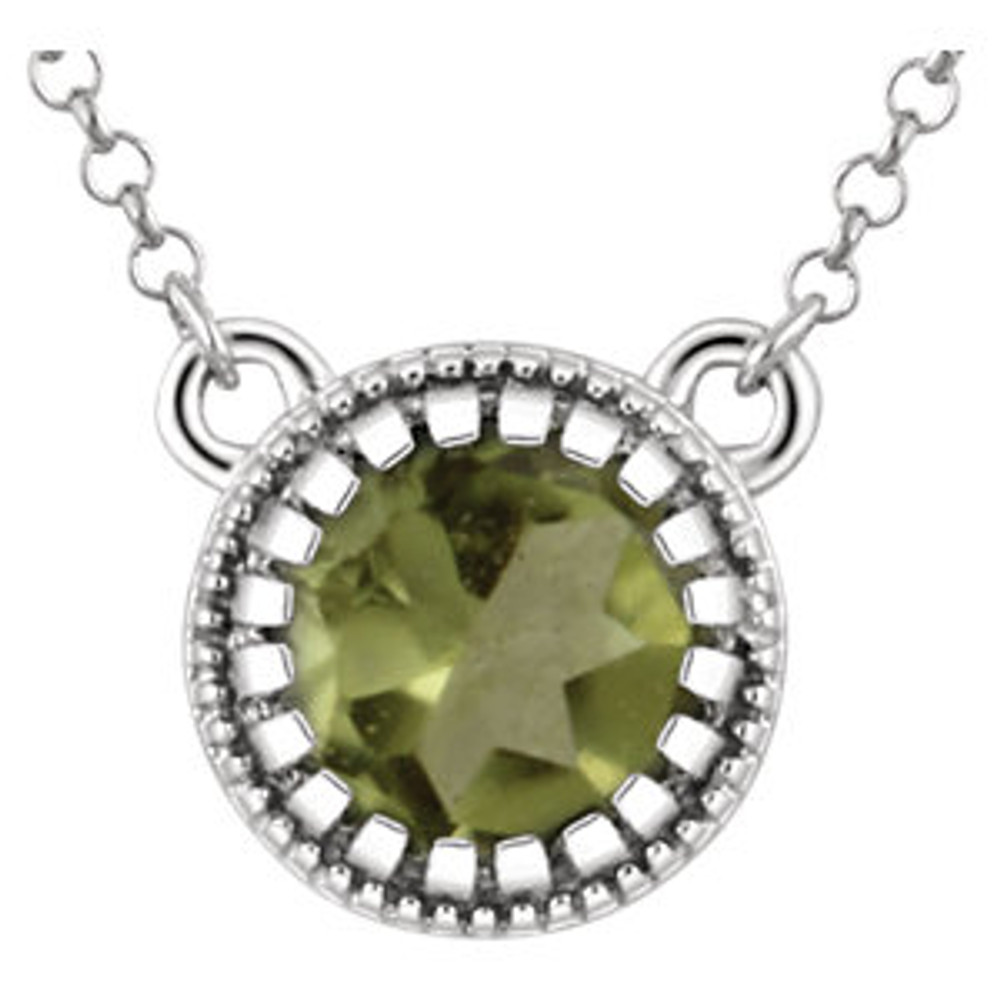 Tart, tangy and tropical, our tantalizing 5.00mm peridot pendant necklace gleams with personality. It's totally designed to turn heads! Ideal as an August birthstone gift for a birthday, anniversary, or other special occasion 14kt white gold necklace.