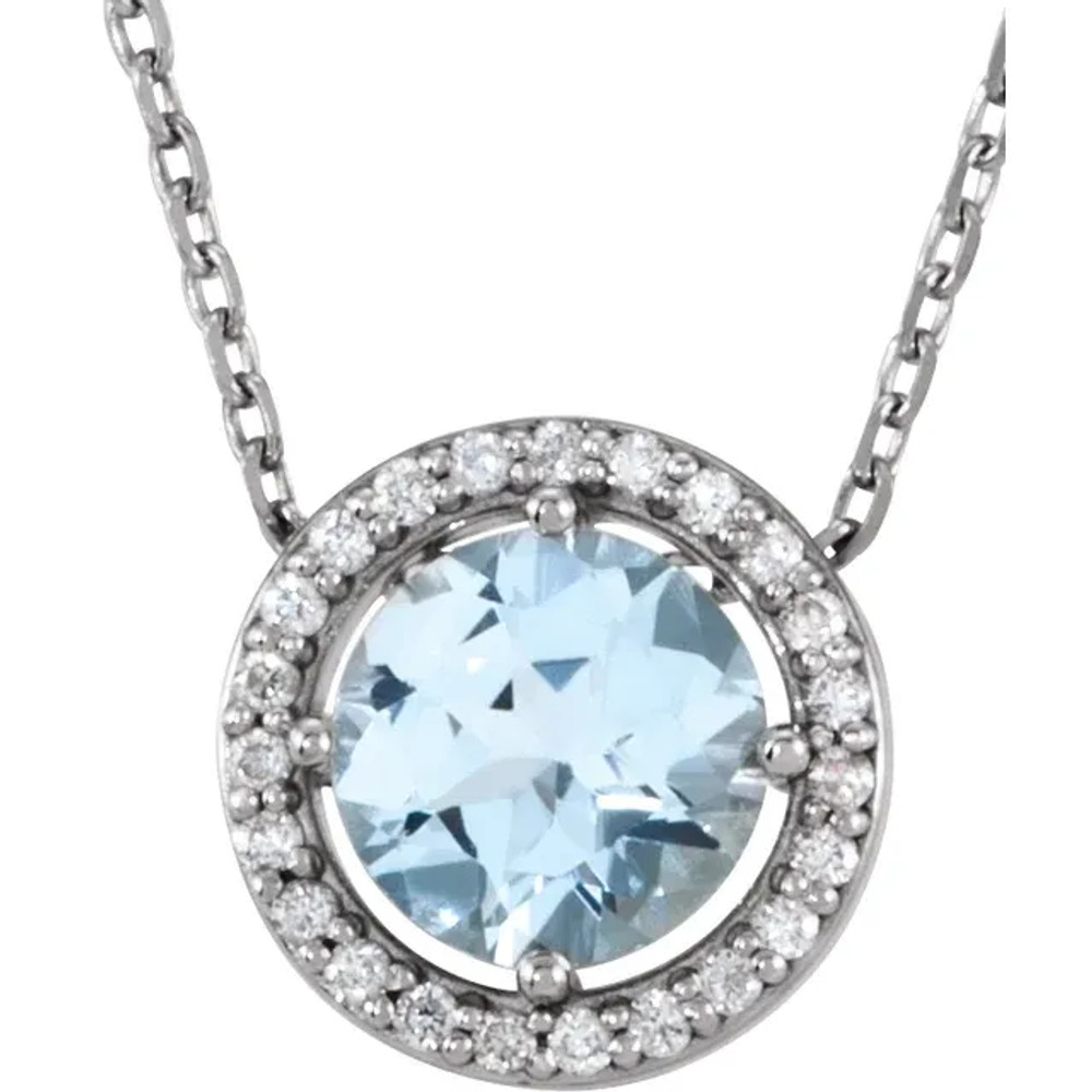 This 14k white gold pear Aquamarine pendant with diamond accents features a 6 mm genuine natural Aquamarine with a 0.05 ct total weight.