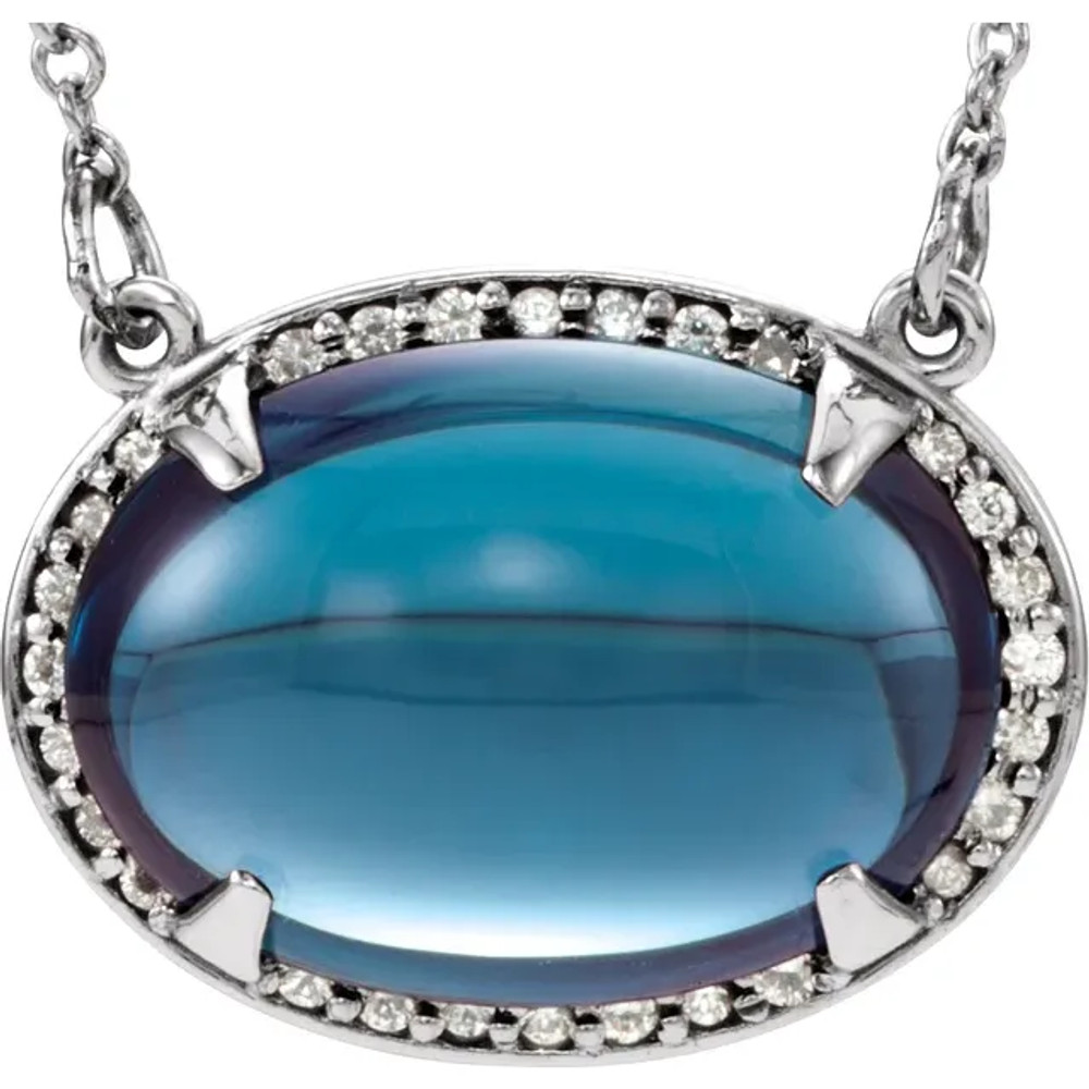 The halo-style pendant of this fabulous necklace for her is decorated with a vivid blue topaz and twinkling round diamonds totaling .08 carat in weight.