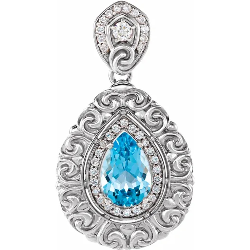 This gorgeous gemstone and diamond pendant features a 12x8mm pear shaped blue topaz that is surrounded by brilliant cut round diamonds in a halo style.

You'll love wearing it again and again.

Matching 14k gold chains are sold separately.