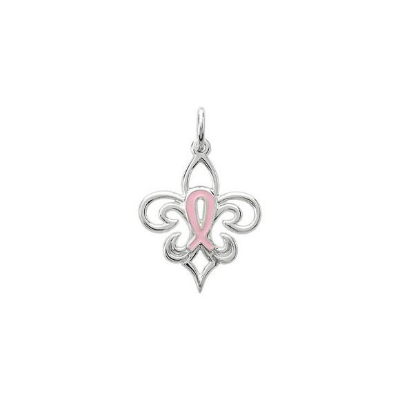 Fashioned from high-polished sterling silver with a distinctive, fleur-de-lis design, this lovely, Pink Pourri™ breast cancer awareness charm pendant features a pink enameled breast cancer awareness symbol in the center of the pendant. This small pendant measures approximately 13/16" in length and can be worn as either a charm or a small pendant.