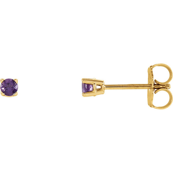 Classic and sophisticated, these genuine amethyst stud earrings are a lovely look any time. Fashioned in sleek 14K yellow gold, each earring features a 2.5mm round purple amethyst in a durable four-prong setting. Polished to a brilliant shine, these earrings secure comfortably with friction backs.