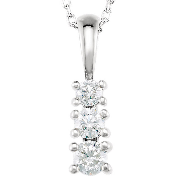 This beautiful three stone journey diamond necklace is sure to please. This lasting symbol of your loving journey as one, this graduating diamond journey pendant of 14k gold hangs off of a matching chain of 18 inches. With approximately 1/6 carat of round, near colorless diamonds this journey pendant kicks off amazing fire and light, making it the perfect accessory for any special occasion.