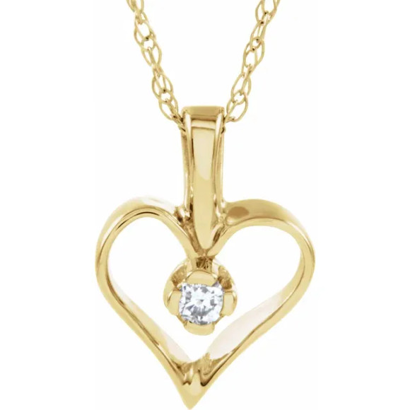 This romantic 14k yellow gold necklace features a heart adorned with a sparkling round diamond in the center. Diamond is .03ctw and G-H in color and I1 in clarity. Necklace is suspended from a 14k yellow gold solid rope chain that is 18 inches in length.