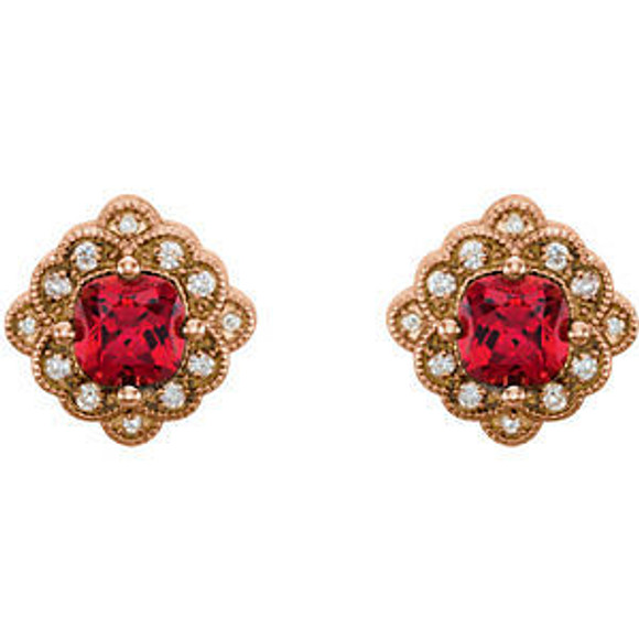 Chatham® Created Ruby & 1/10 CTW Diamond Earrings In 14K Rose Gold