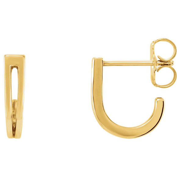 Beautiful 14Kt yellow gold Geometric J-Hoop earrings with friction backs. The size of the earring is 11.1x9.74mm. Total weight of the gold is 1.57 grams.