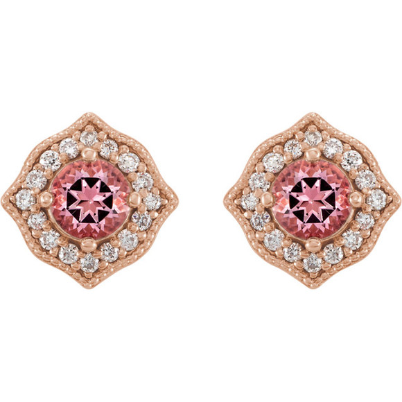 Exquisite 14Kt rose gold halo-style earrings capturing the beauty of a round radiant genuine topaz passion in each surrounded by white shimmering diamonds.