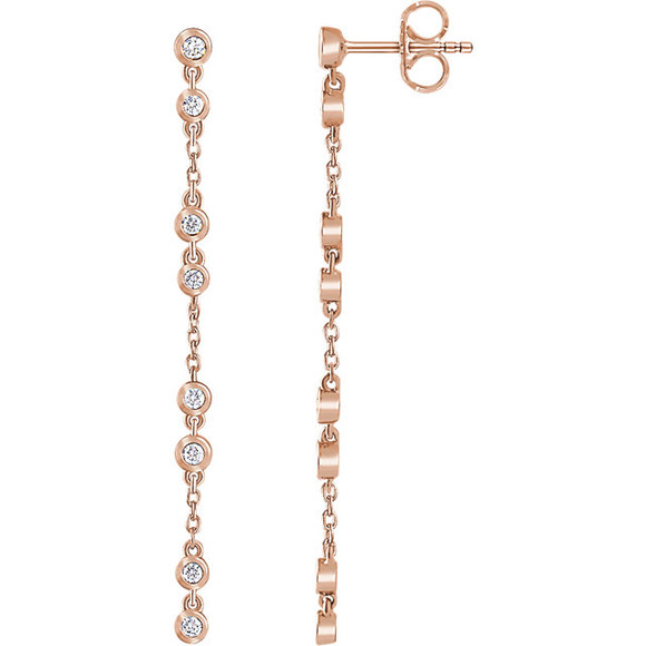 Stylish 14Kt Rose Gold Diamond Chain Earrings with friction backs. The length of the earring is 47mm. Total weight of the gold is 1.56 grams. Diamonds are H+ in color and I1 or better in clarity. These earrings makes an awesome Gift for that special someone in your life.