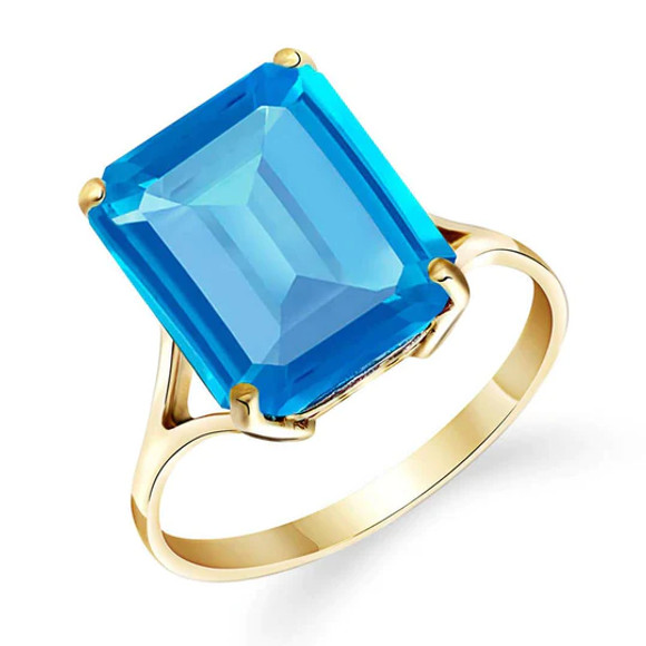 This very lovely 14k gold ring features a dazzling natural octagon blue topaz. The stone seems to flash with light and is held securely in place with a four-prong 14k gold setting. The precise octagon cut displays the vivid, deep blue color of the stone. The gemstone measures nearly one inch in height. The large stone, coupled with the gleaming gold setting, is sure to attract some attention during a night out on the town. The simple yet elegant ring setting comes in your choice of white, rose or yellow gold.