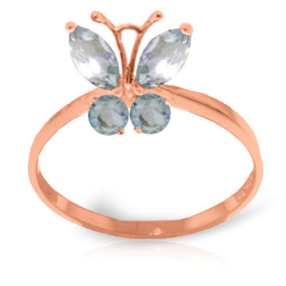 All girls will swoon when they see this fanciful ring. Light as a feather and fluttery free, a beautiful gemstone butterfly sits on the wearer's finger, waiting to be admired by all. This 14K gold Butterfly Ring with Natural Aquamarine is made with two round shaped .20 carat and two marquise shaped .40 carat Aquamarine gemstones. These beautiful faceted stones with a faint touch of color give this ring a real feminine appeal. This ring makes a great gift for a teenager or elegant young woman. Great for a sweet sixteen birthday or other special event. Catch this Aquamarine butterfly in all its glory.