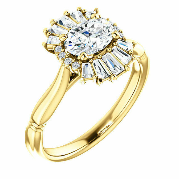 Crafted in 14k yellow gold, this ring features one oval Genuine White Sapphire gemstone accented with 18 genuine diamonds.