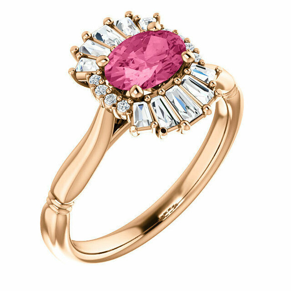 Crafted in 14k rose gold, this ring features one oval Genuine Pink Tourmaline gemstone accented with 18 genuine diamonds.