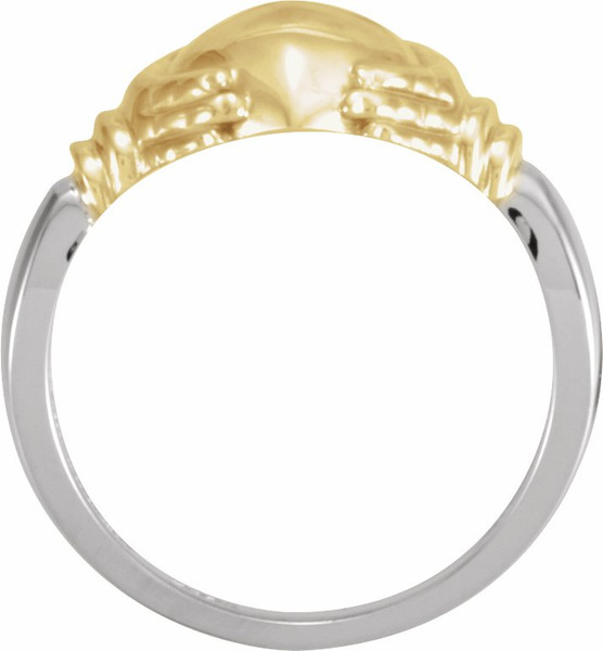 A token of loyalty, friendship and love. This traditional Claddagh ring is set in polished 14k gold.