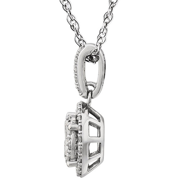 Classic and elegant, this diamond fashion pendant elevates any attire. Crafted in 14K white gold, this pendant features a round center diamond bordered with a double frame of smaller round accent diamonds. A fabulous traditional look, this pendant captivates with 1/2 ct. t.w. of diamonds and a polished shine. The pendant glides freely along an 18.0-inch chain.