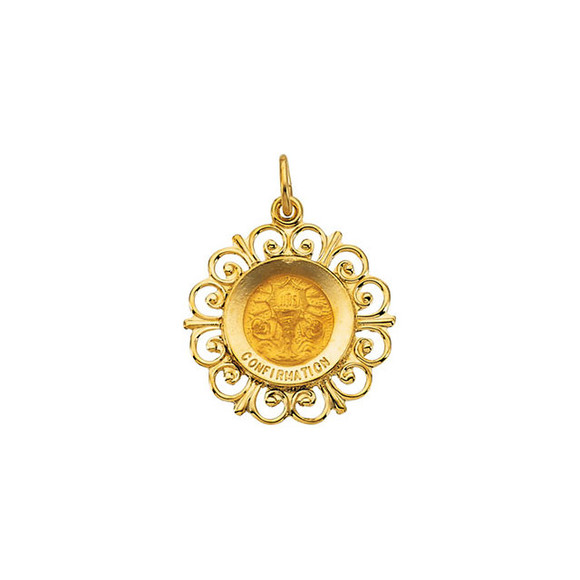 This Round Confirmation Pendant Medal features dimensions of 18.5 millimeters, approximately 3/4-inch round. Made of 14K Yellow Gold, this religious jewelry piece weighs approximately 1.43 grams.