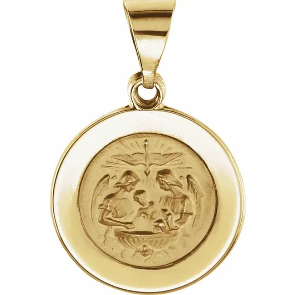 Adorn your wardrobe with grace when you wear this hollow round Baptismal Medal. This Baptismal Medal is made of 14k yellow gold and features a spectacular interpretation of a dear religious icon. This devout Baptismal Medal measures 14.75 mm and simply needs a matching yellow gold chain for it to be ready to wear. Celebrate your favorite religious hero with this hollow round Baptismal Medal in 14k yellow gold.