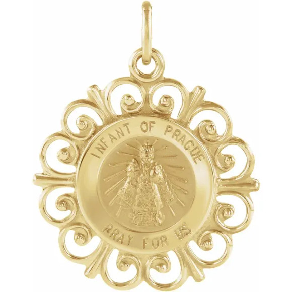 This Round Infant Of Prague Pendant Medal features dimensions of 18.5 millimeters, approximately 3/4-inch round. Made of 14K Yellow Gold, this religious jewelry piece weighs approximately 1.42 grams.