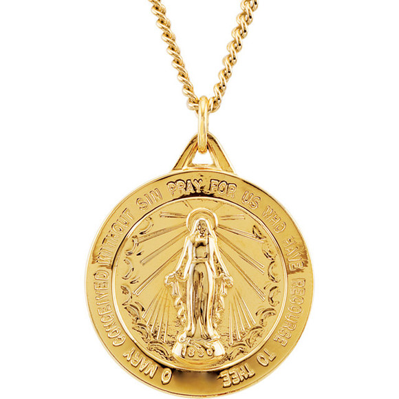 Embrace your endless faith with this sacred miraculous medal. Truly a loved accessory, this miraculous medal will make a dazzling gift for any religious follower. It's beautifully crafted out of 14k yellow gold and measures approximately 25mm in size. Give an heirloom-quality gift with this miraculous medal in 14k yellow gold.